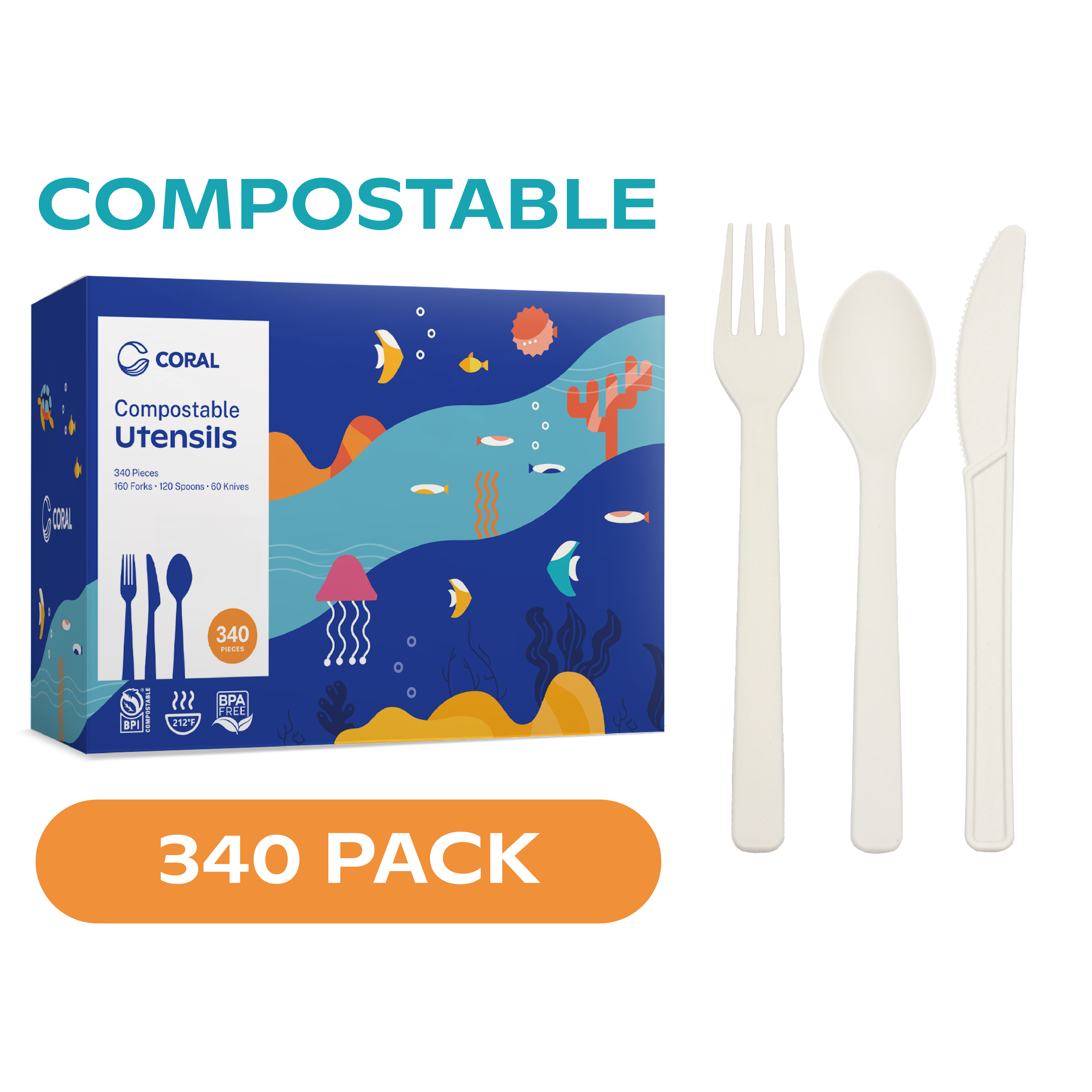 CORAL 100% Compostable White Utensils 340 Pieces Set